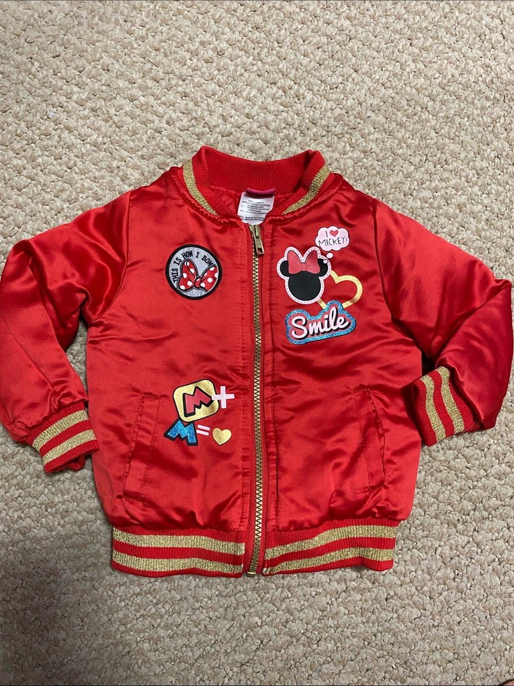 Disney toddler girls size 3T Red Satin Minnie Mouse Patch Bomber Jacket